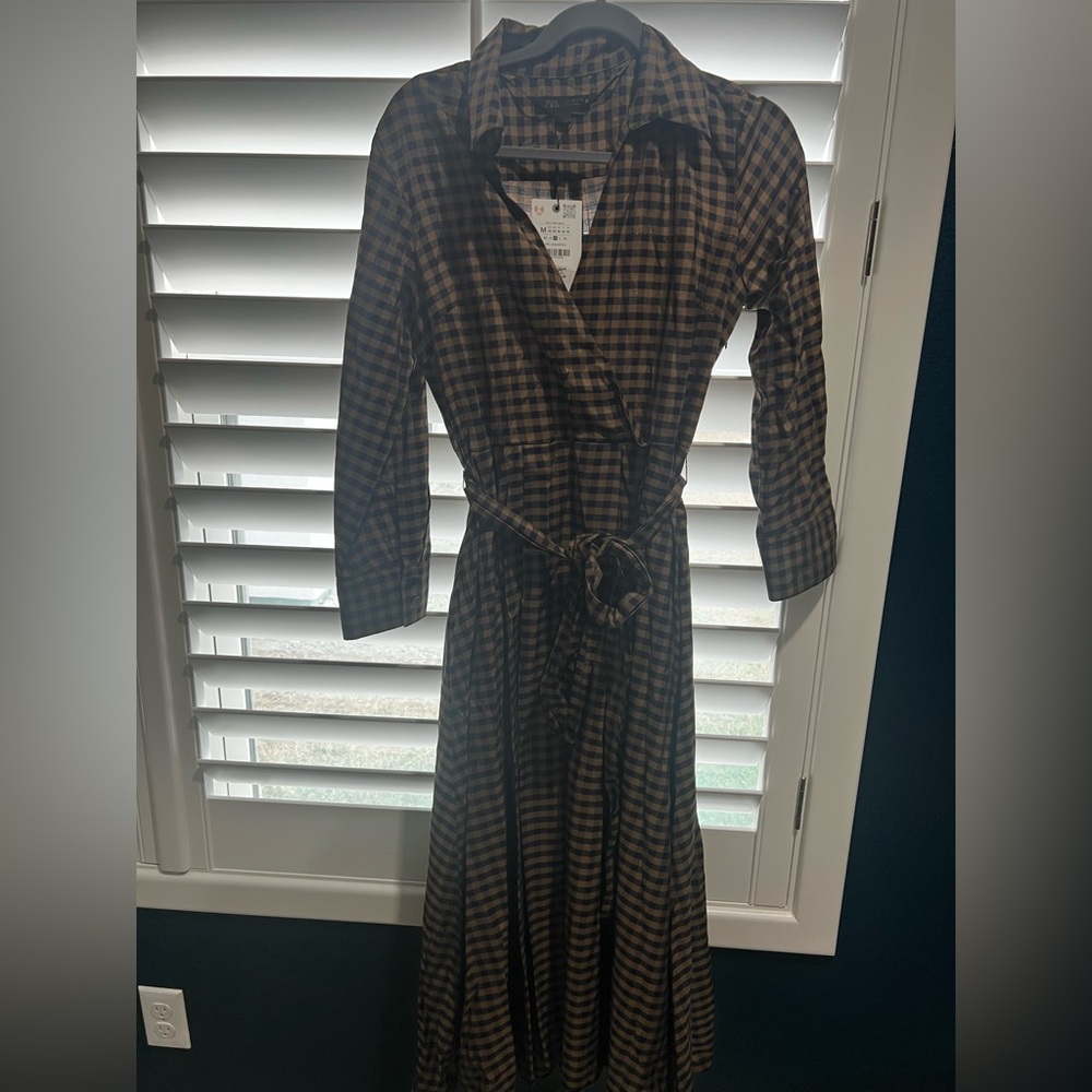 Zara Checkered Long Sleeve Dress - Brown and Black